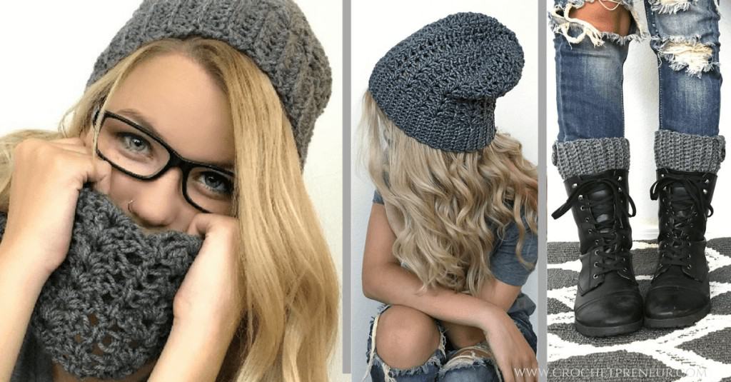 Collage of 3 images, a sample of a perfect product line with a woman wearing crocheted scarf, winter hat, and boot warmer