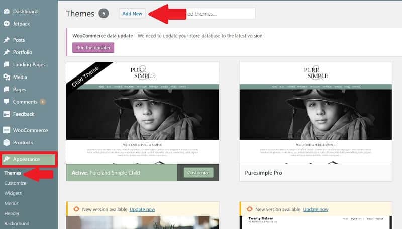Instructional image of your dashboard with a red box on Appearance, a red arrow on Themes and Add New at the top part