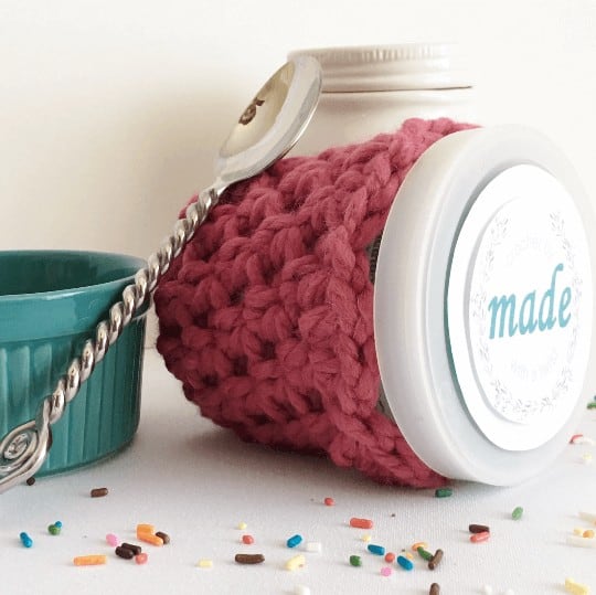 Photo of the Lip Pint Ice Cream Cozy on an ice cream bottle with a spoon and small bowl