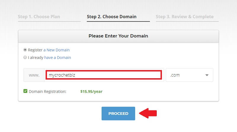 Screen shot of selecting your domain name when you start a crochet blog with the domain part is highlighted with red rectangle and a red arrow on the PROCEED button