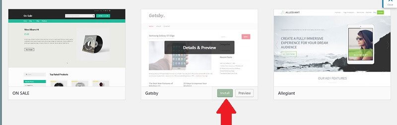 Instructional image of setting up the theme for your website with a red arrow on the install button