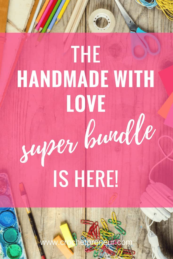 Pinterest graphic for The Handmade with Love Super Bundle is Here with a background photo of various art supplies