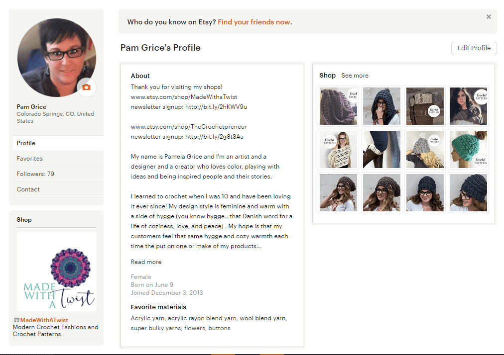 Photo sample of my Etsy seller profile with included links for my signup page