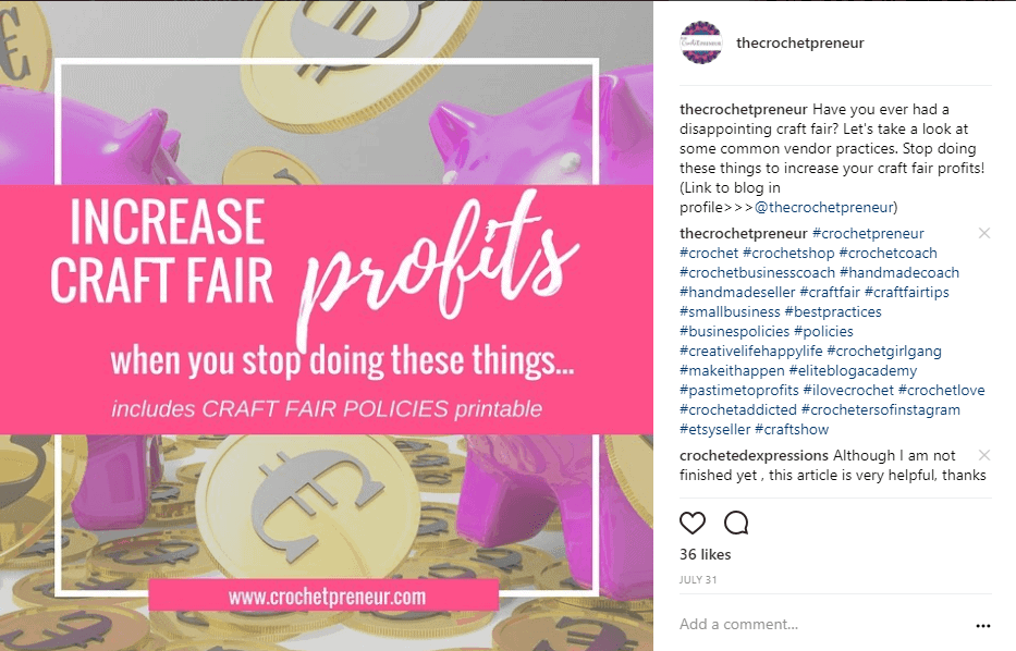 Instagram sample of Crochetpreneur's opt-in post linked to opt-in landing page