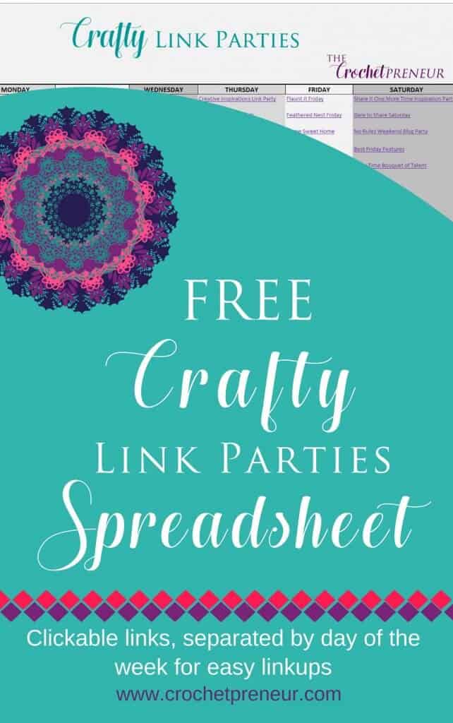 Pinterest graphic for FREE Crafty Link Parties Spreadsheet. Clickable links, separated by day of the week for east linkups