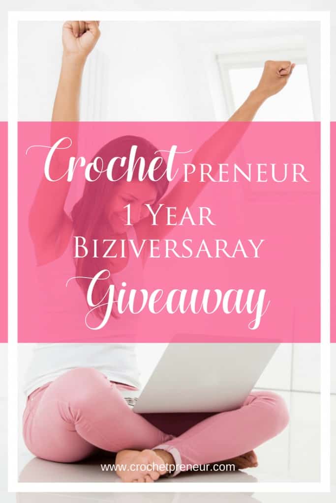 Pinterest graphic for Crochetpreneur 1 Year Biziversary Giveaway with a photo of a woman with a laptop on her lap