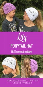 My nieces love their springtime ponytail hats! #freecrochetpattern #crochetponytailhat #crochetbunhat #messybunhat #bunbeanie #springbunhat #springcrochet #crochetforkids #freepattern #freeponytailhatpattern #ponytailhatcrochetpattern #crochetpattern #messybunhatcrochetpattern