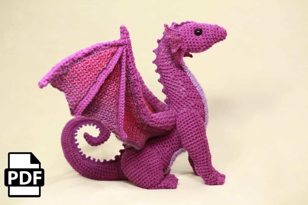 Photo of the side of the crocheted dragon 
