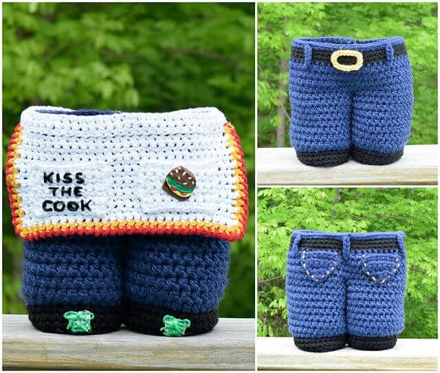 A collage photo with 3 images of the crocheted BBQ Gift basket in blue jeans design