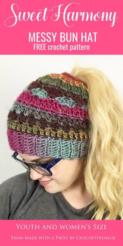 Check out this new messy bun hat crochet pattern! It looks complicated but is so easy to make and the is a free messy bun hat crochet pattern! What could be better than that?! #freecrochetpattern #crochetpatternfree #ponytailhat #messybunhat #bunhatcrochetpattern #ponytailhatcrochetpattern #stripedmessybunhat #patternforcolorfulmessybunhat