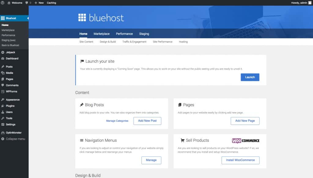 Image of how the Blue Host dashboard looks like in WordPress dashboard