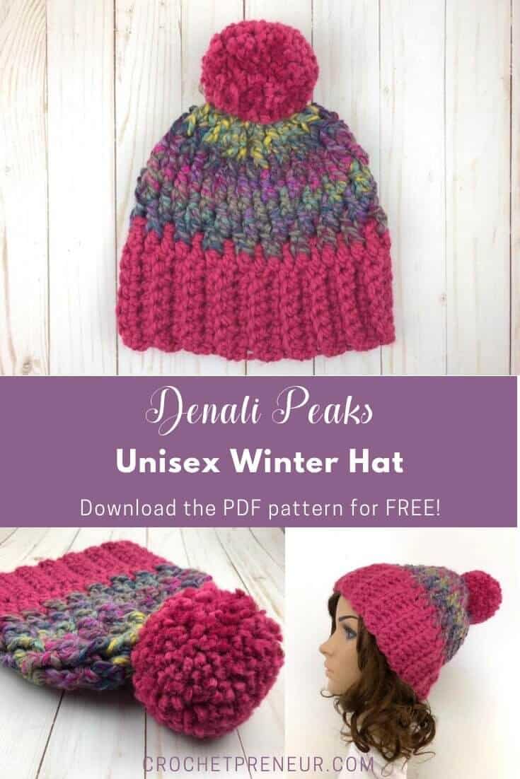 A super easy pattern for a hat that everyone on your gift list will love! Download the ad-free PDF for free today. #freecrochetpattern #madewithatwist #crochetpreneur #unisexwinterhat #unisexhatcrochetpattern #denalipeakshat #unisexwinterhatcrochet #freehatpattern #freewinterhatpattern