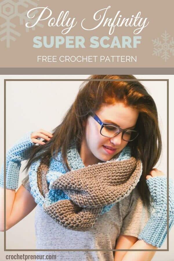 Soft, Reversible, Amazing! This Polly Infinity Super Scarf Crochet Pattern is easy enough for an adventurous beginner and creates a warm winter scarf that gets all the fashion points this season. It's remarkable! #freecrochetpattern #pollysuperscarf #superscarfcrochetpattern #scarfcrochetpatternfree #scarfcrochetpattern #infinityscarfcrochetpattern #reversiblescarf