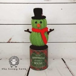 Photo of the Stanley the Cactus Snowman wearing a black top hat and a red scarf