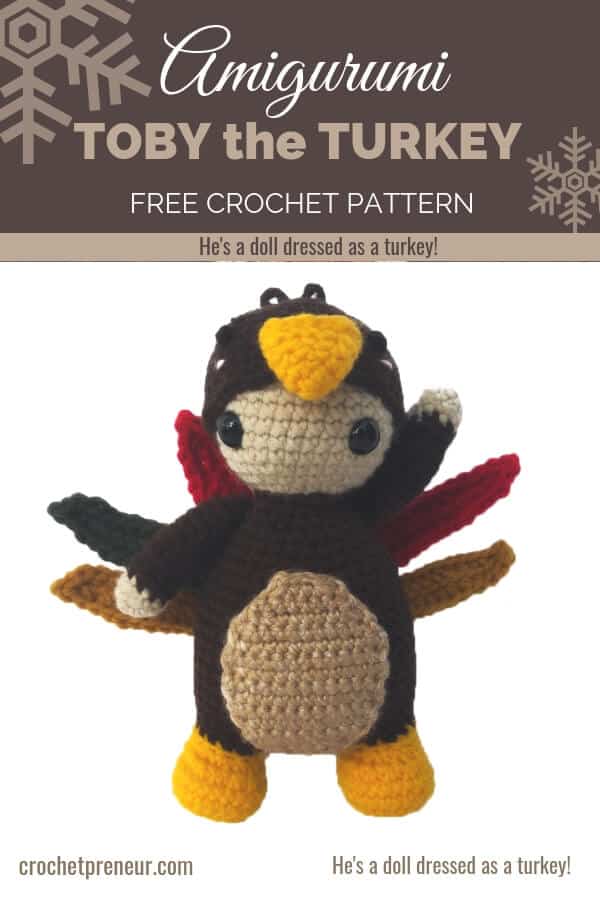 This is so precious! An amigurumi doll dressed as a turkey...just in time for Thanksgiving. I wonder if his mom lets him wear his costume at the table. Make your own with this free pattern! #amigurumi #thanksgivingcrochet #freecrochetpattern #dressup #amigurumidoll #belacrochets #30daysofcozy #turkeycrochetpattern