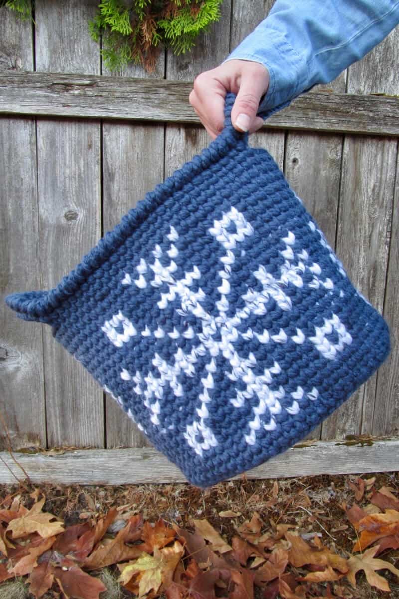A photo of a hand holding the crocheted blue snowflake tapestry basket with dried leaves and a wood background
