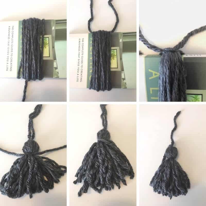 Instructional collage of photos showing how to make a tassel great for beginners