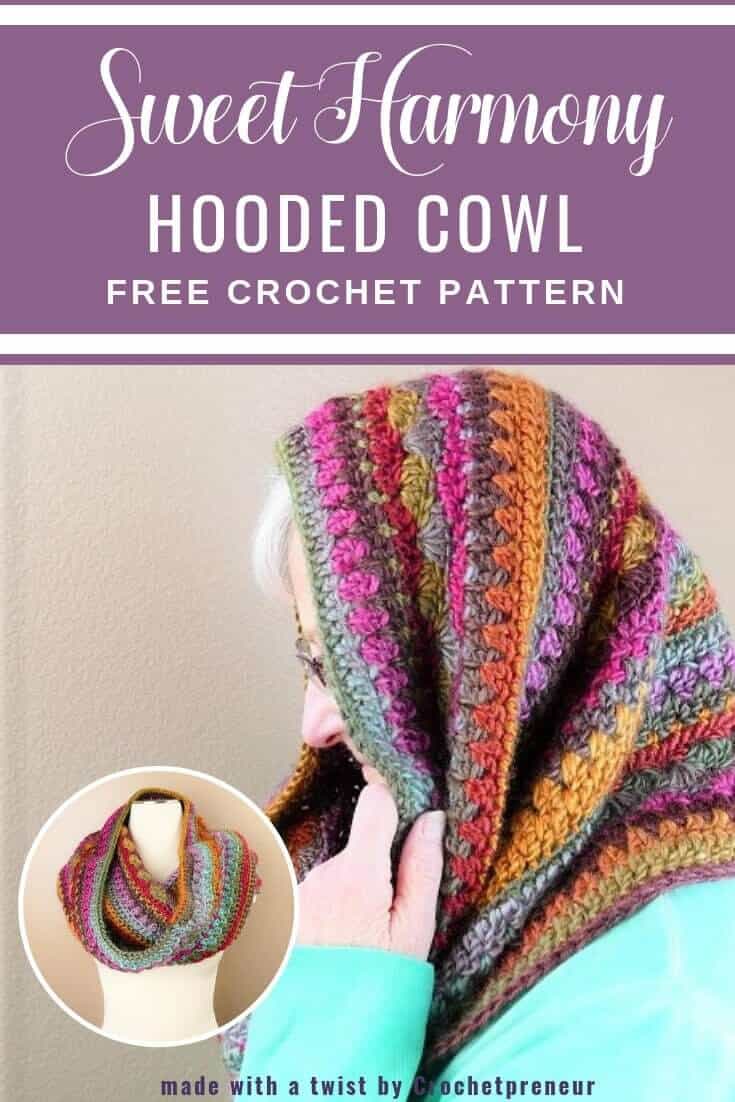 This hooded cowl crochet pattern creates a lovely self-striped, multicolored cowl that can be worn as a head wrap for those snowy winter days. It's a free crochet pattern from Made with a Twist by Crochetpreneur! #freecrochetpattern #headwrapcrochetpattern #cowlcrochetpattern #lionbrandlandscapes #desertspring #selfstripingyarn #widecowlcrochetpattern #crochetpatternforcowl