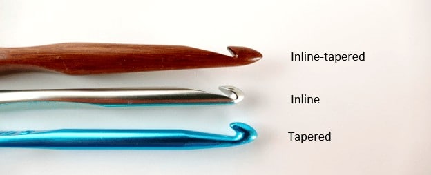Photo comparing three crochet hooks inline, tapered, and inline-tapered combination.