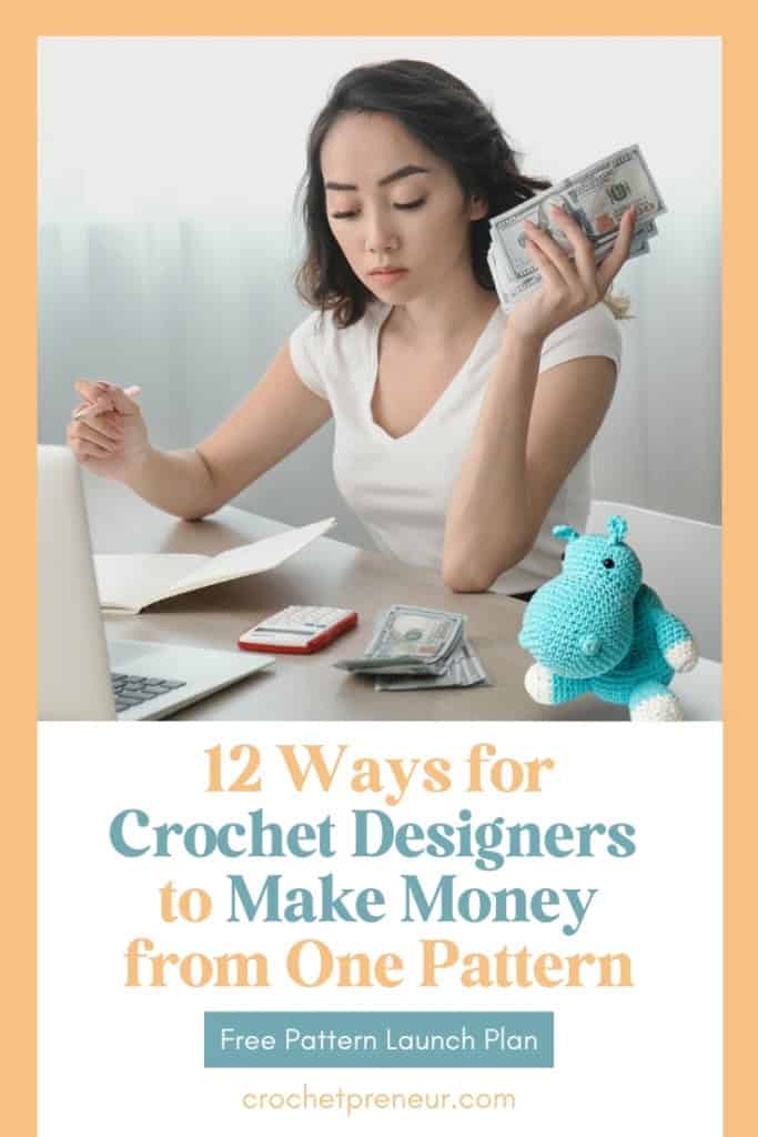 How Crochet Pattern Designers Make Money - Pin featuring a woman working at a laptop, counting money, with a crocheted hippo nearby