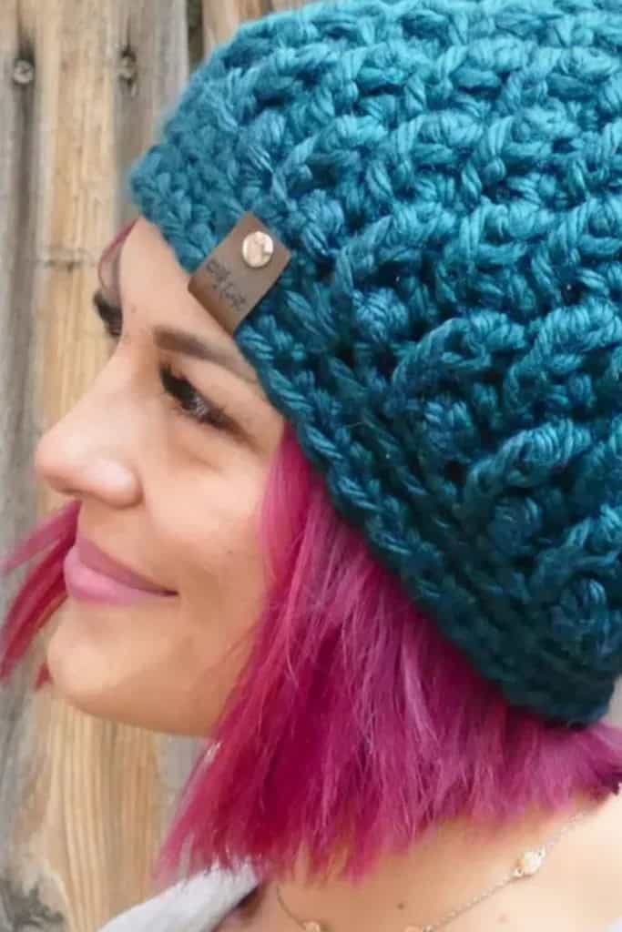 add labels to crochet - image of the Grice Mountain Beanie with a leather tag
