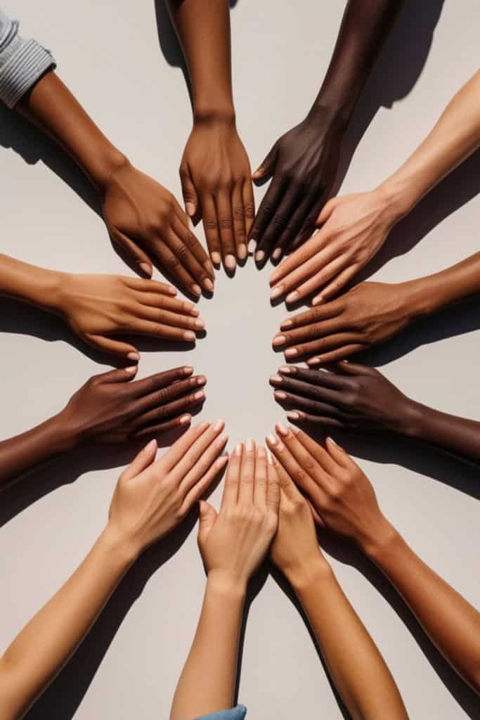 community over competition - women's hands of diverse skin tones in a circle