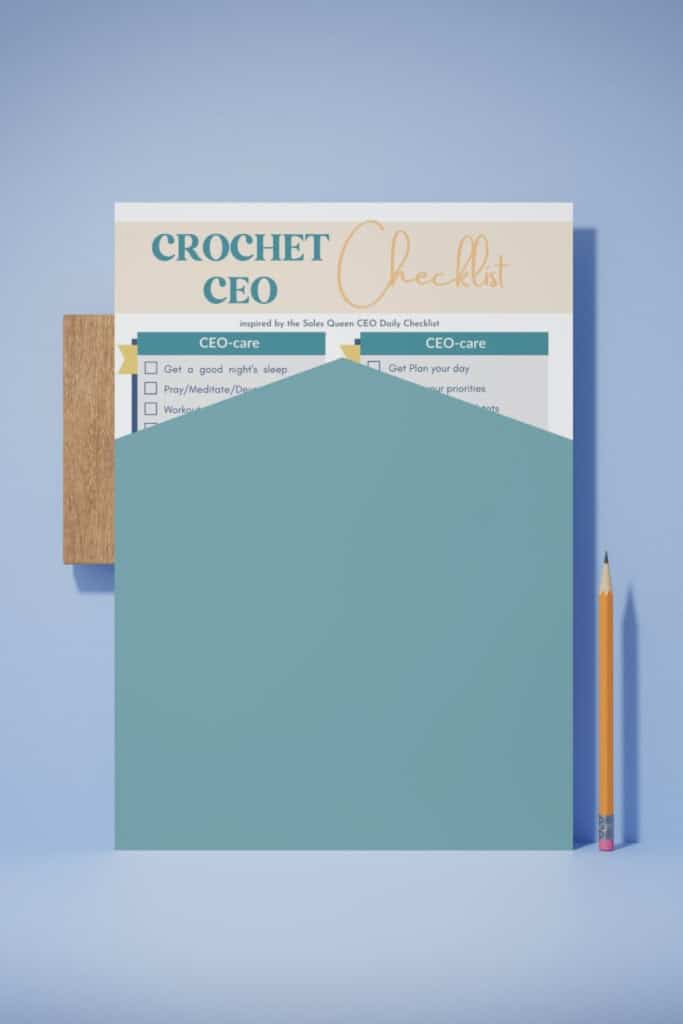 handmade business finances recession - teaser image of the Crochet CEO Checklist, partially hidden by an envelope