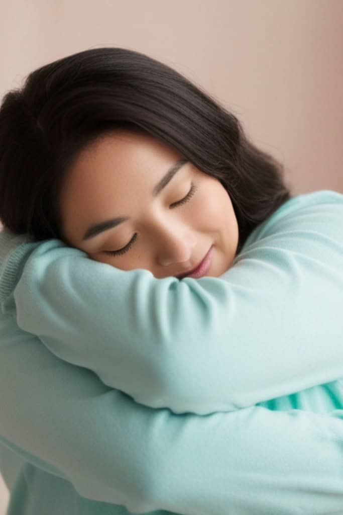 self care handmade sellers recession - woman with eyes closed, with a soft smile, hugging herself