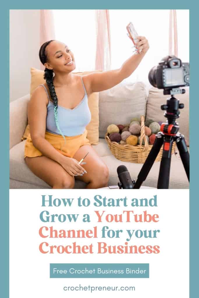 Grow Crochet YouTube Channel - Image of a smiling woman holding up a smartphone as if taking video, with a camera on tripod in the foreground. She's holding a crochet hook and there is a basket of yarn next to her on the couch.