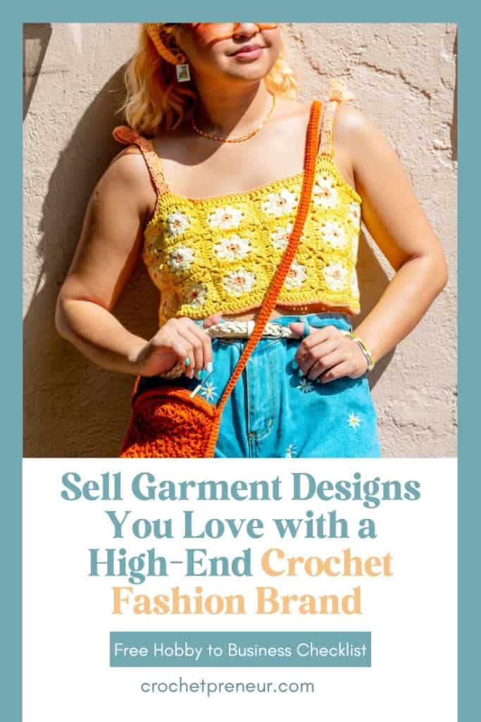 Selling Complex Crochet Patterns -Pin Image Featuring a Woman in wearing a yellow flower granny square top