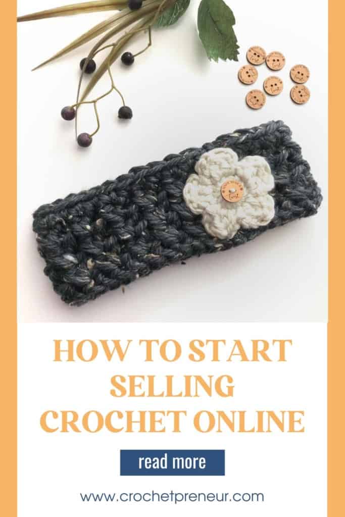 Sell crochet items online with these 10 easy steps to get started - image shows a flat lay of a grey crochet headband with a cream colored flower