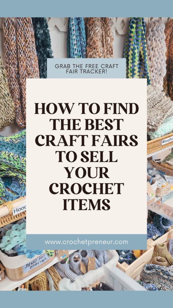 crocheted items displayed in baskets at a craft fair - text overlay reads: How to Find the Best to Sell Your Crochet Items.