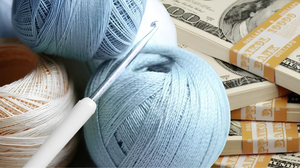 Pile of yarn and crochet hooks beside a stack of cash