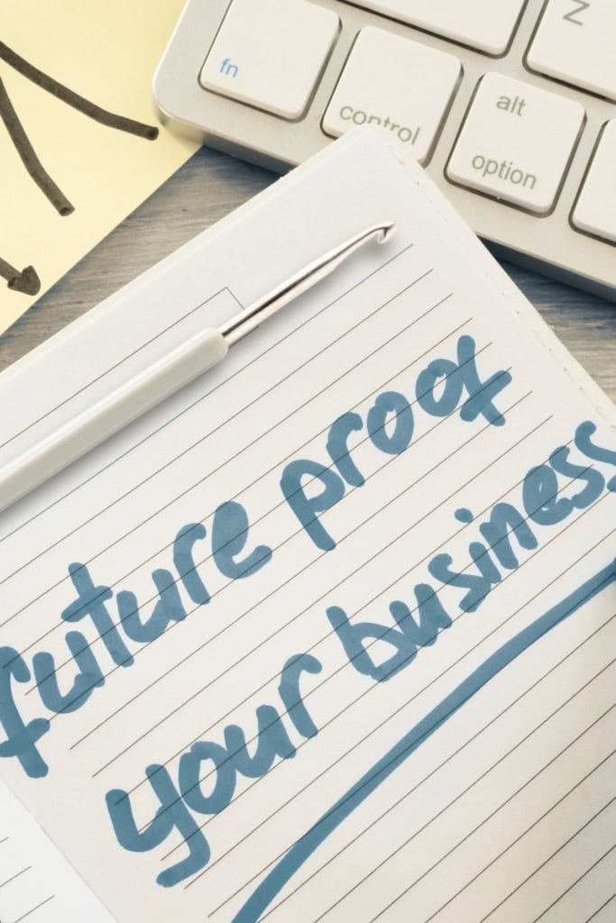 How to Build a Resilient Crochet Business - Pin Image featuring a notepad that reads "future proof your business," surrounded by office supplies and a crochet hook