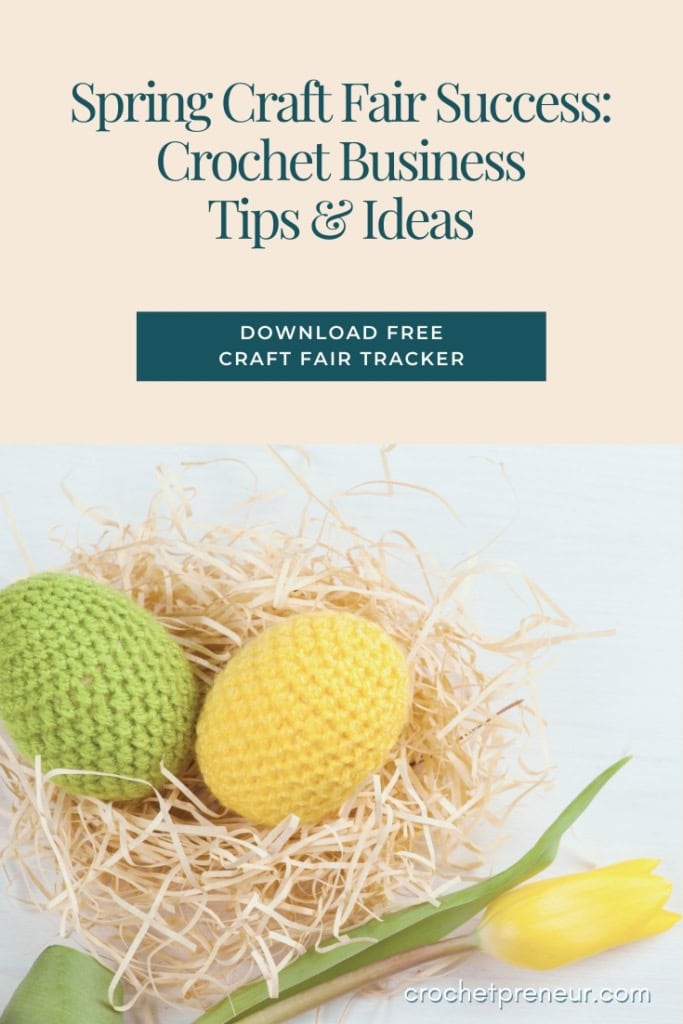 Crochet Craft Fair Ideas for Spring - Pin image featuring a nest of crochet Easter eggs and a yellow flower