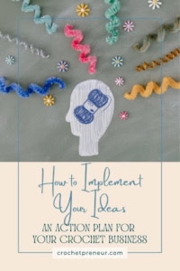 Overwhelmed Crochet Business Owner - Pin featuring a drawn silhouette of a head, with a skein of yarn inside. Radiating from it are curled chenille stems and colorful beads