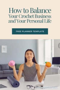 Overwhelmed Crochet Business Owner - Pin featuring a woman mediating in front of a laptop at a desk, holding a ball of yarn in each hand, with a yoga mat rolled up nearby