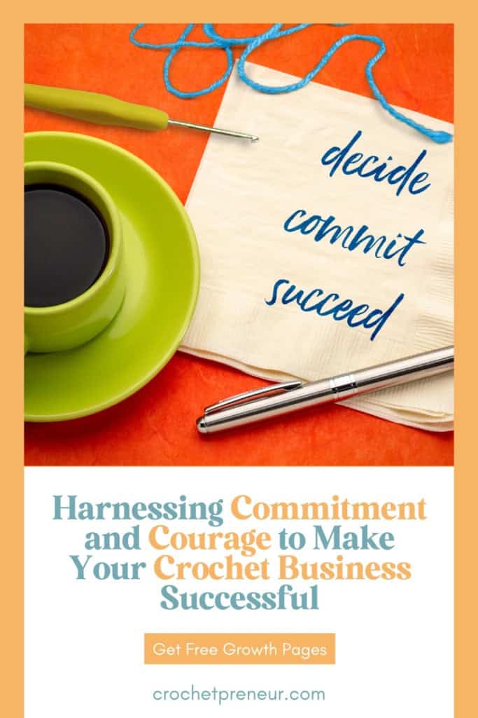 How to Make Crochet Business Successful - Image featuring a coffee cup, pen, crochet hook, yarn, and a note on a napkin that reads "decide, commit, succeed"