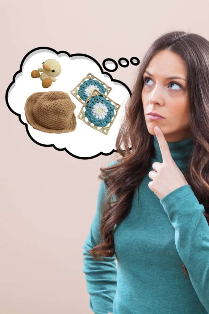 What Should I Crochet for My Business - Image of a woman with a thoughtful look. Beside her is a thought bubble with a crocheted duck, some flower granny squares, and a crochet brimmed hat