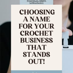 A woman holding up a blank name tag on a lanyard. Text overlay reads: Choosing a Name for Your Crochet Business that stands out!
