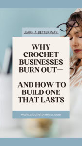 Avoiding Crochet Image of a woman seated at an office workspace, with eyes down and a discouraged expression - text overlay reads: Why Crochet Businesses BURN OUT— And How to Build One That Lasts