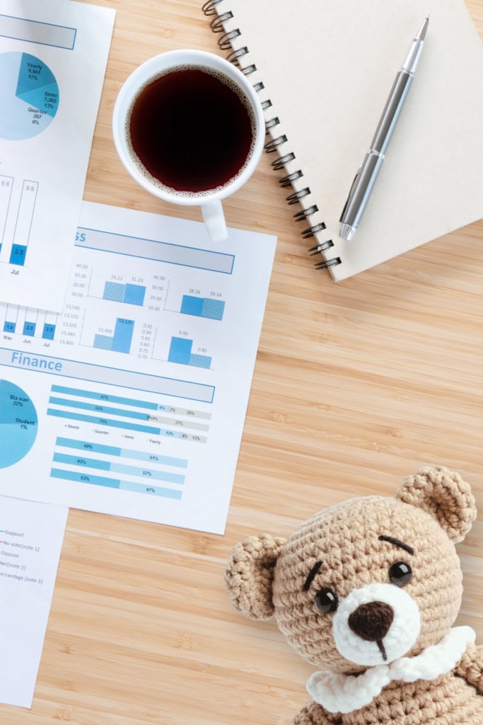 A desktop with income reports, a cup of coffee, notebook, pen, and a crochet teddy bear