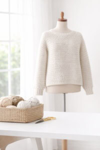 Image of a crocheted sweater on a dress form with a basket of yarn and a pair of scissors nearby