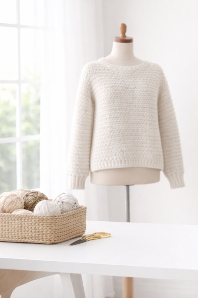 Image of a crocheted sweater on a dress form with a basket of yarn and a pair of scissors nearby