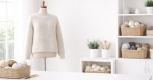 Image of a crocheted sweater on a dress form with a basket of yarn and a pair of scissors nearby and yarn shelves in the background